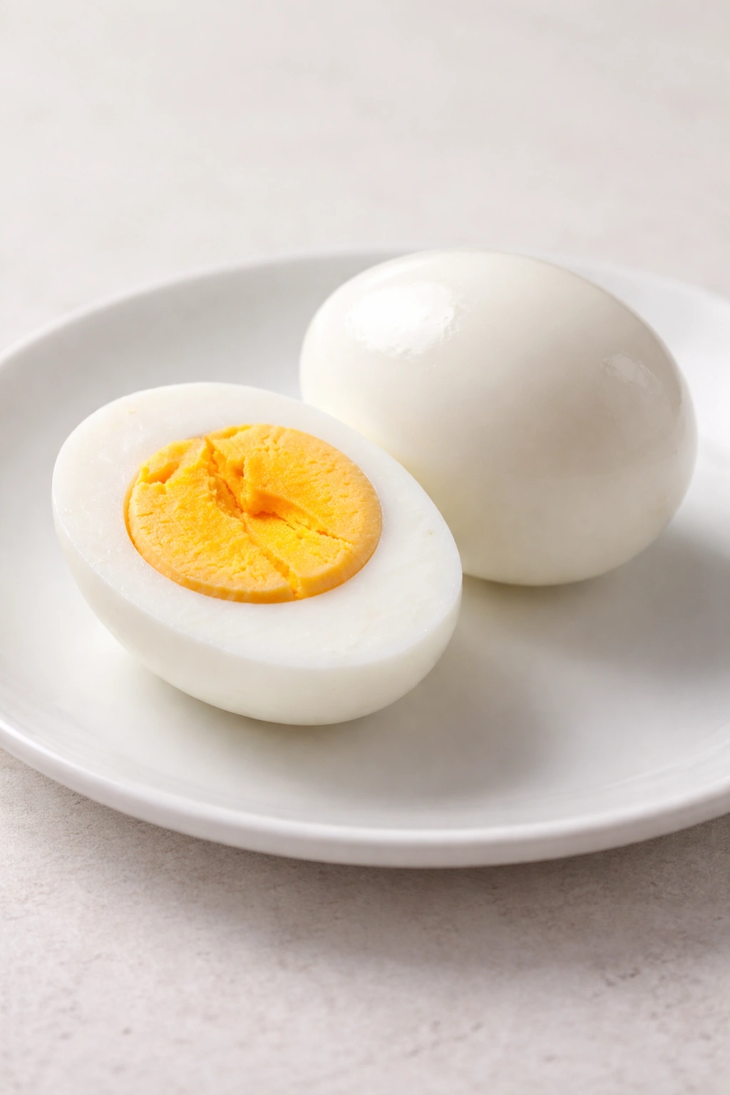 Two hard-boiled eggs on a plate, one halves showing yolk