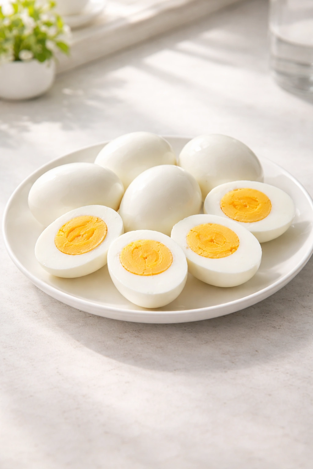 Group of peeled hard-boiled eggs on a white plate