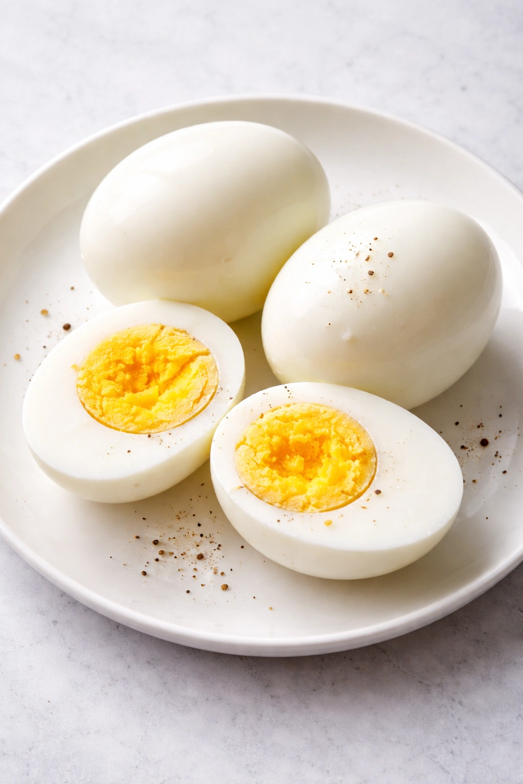 Three hard-boiled eggs on a plate, one halved