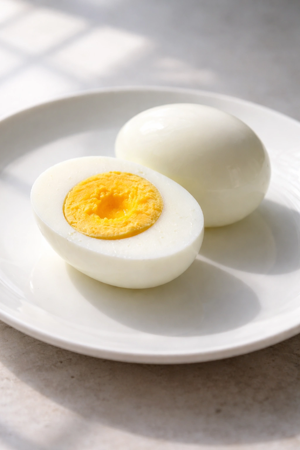 Two hard-boiled eggs on a white plate with soft shadows