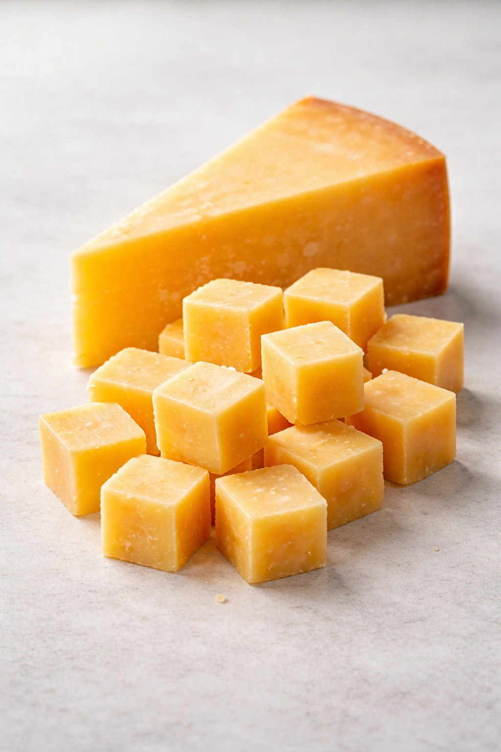 Hard cheese cubes and wedge on a neutral surface