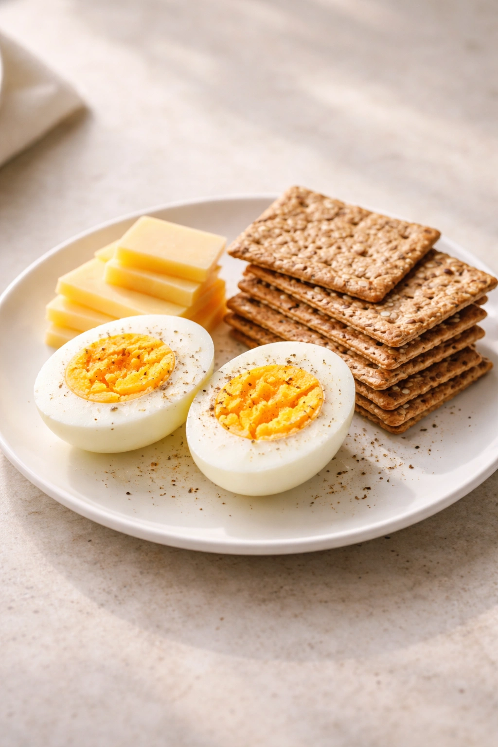 Plate with two hard-boiled eggs, cheese, and crackers for a grab-and-go breakfast