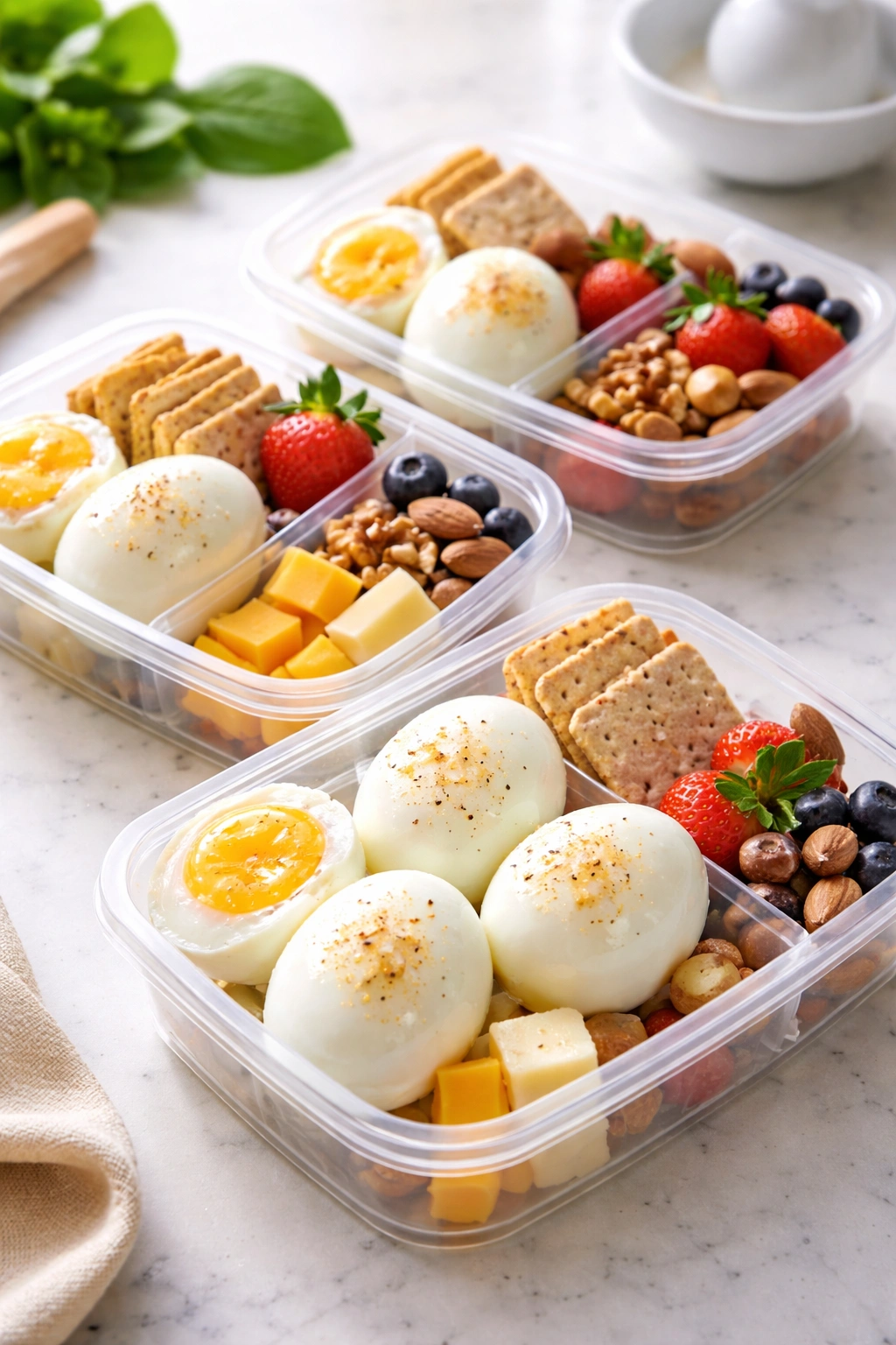 Close-up of peeled hard-boiled eggs arranged in snack packs on a wooden surface