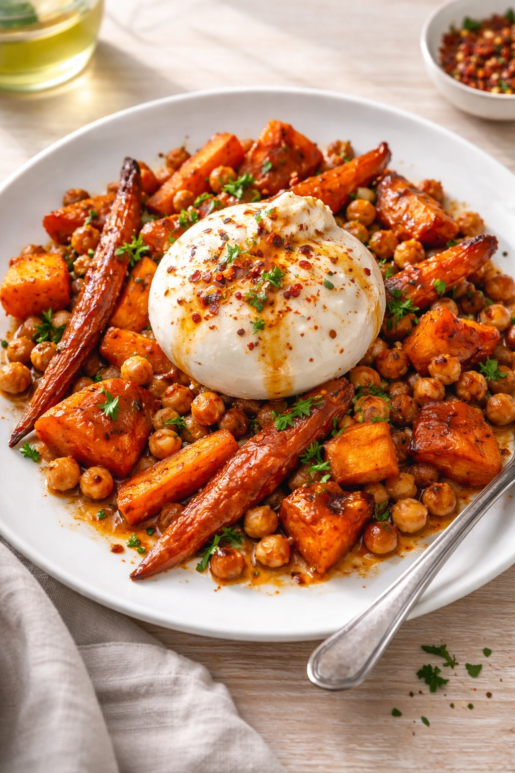 Harissa roasted vegetables with chickpeas and burrata on a plate