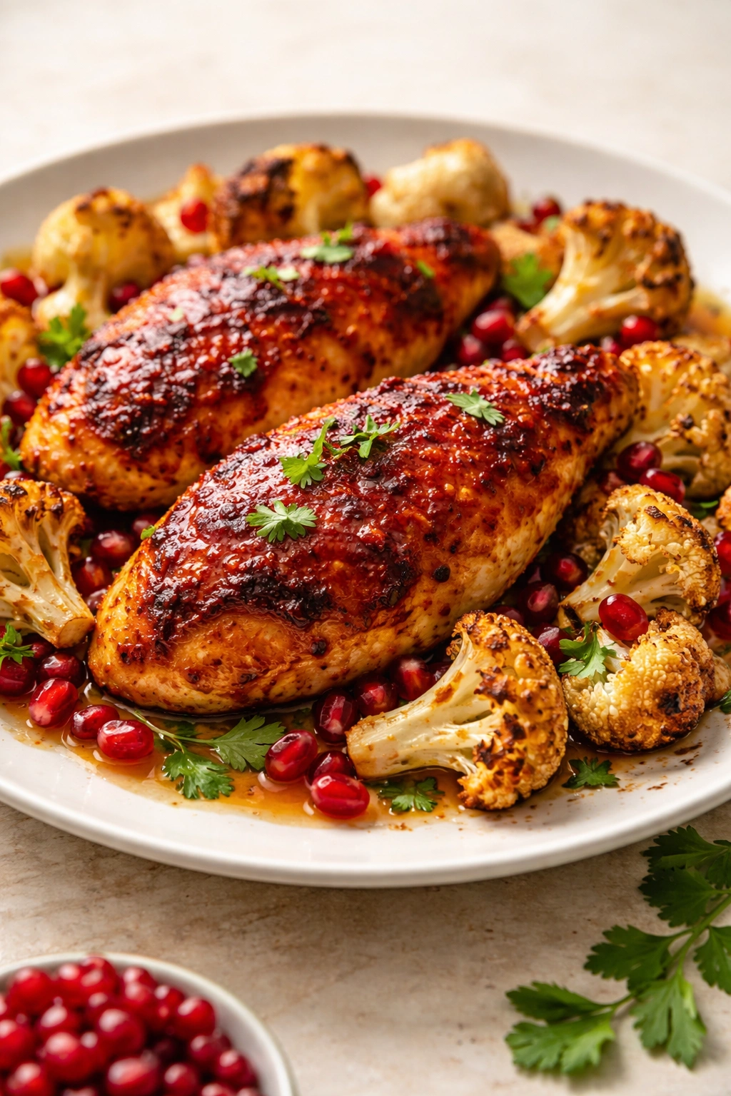 Harissa-crusted chicken breasts with cauliflower and pomegranate on plate
