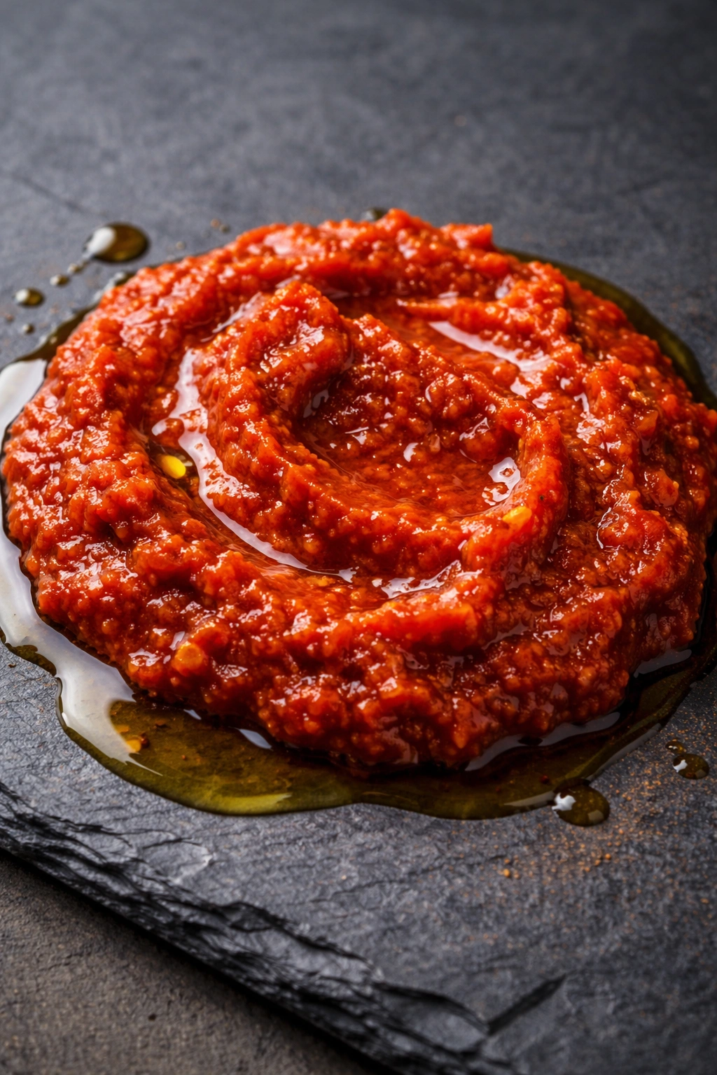 Close-up of harissa paste on a dark slate