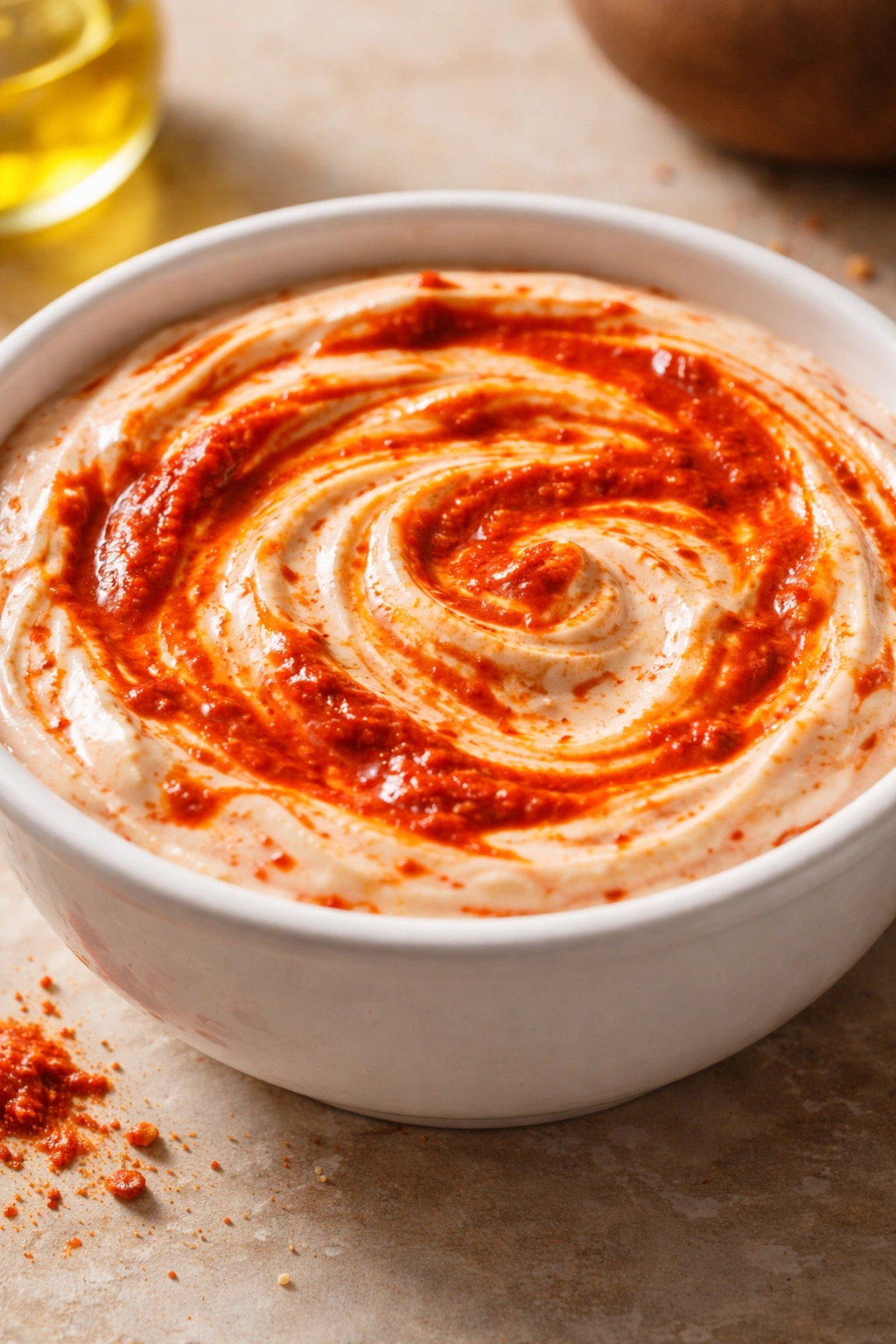 Creamy yogurt with harissa swirl in a white bowl on a neutral surface