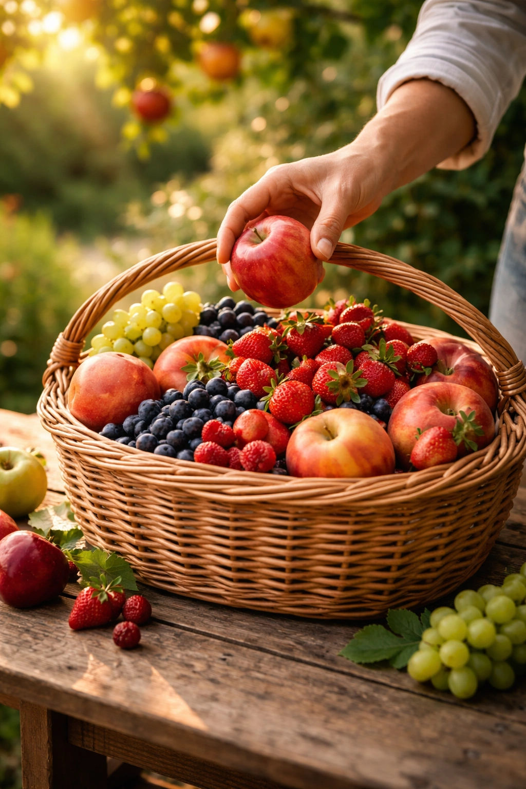 Hand placing ripe fruit into a wicker basket in a sunlit garden.