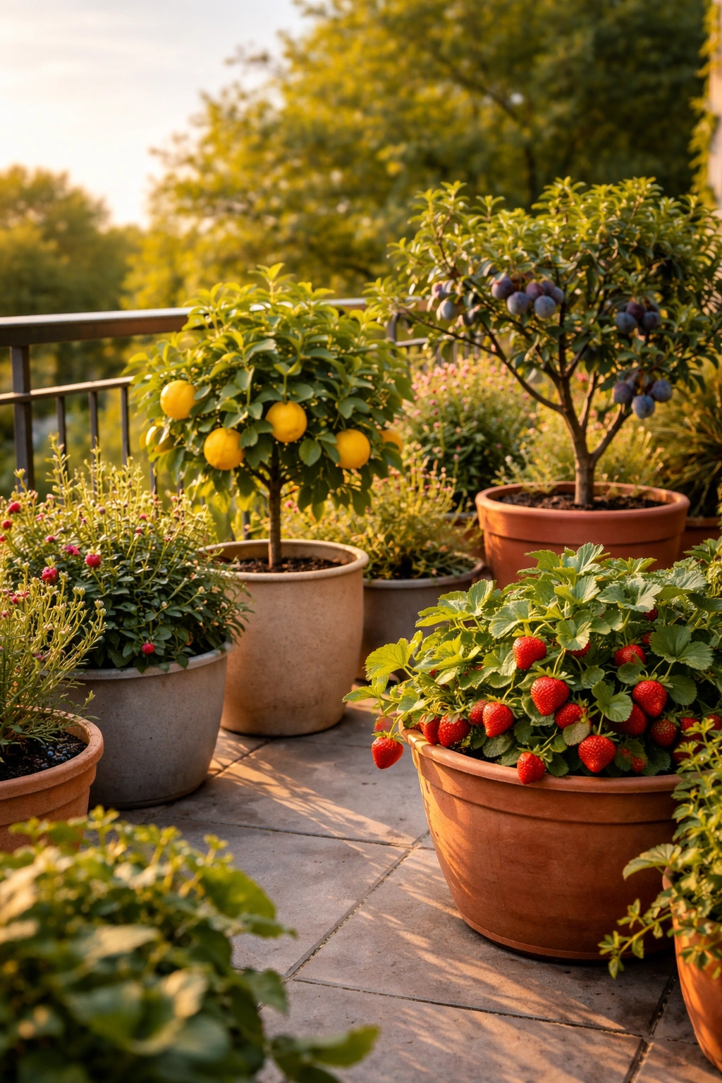 Thriving balcony container fruit garden with balanced canopies and ripe fruits