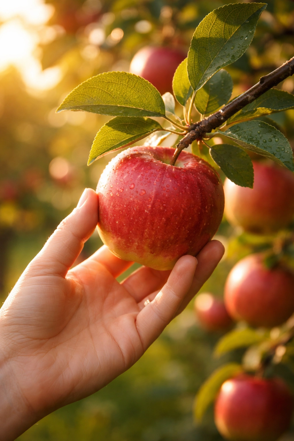 Ripe apple on sunlit branch ready for harvest.