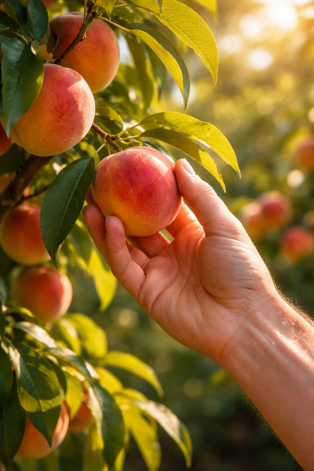 Hand harvesting ripe fruit from a sunlit fruit tree