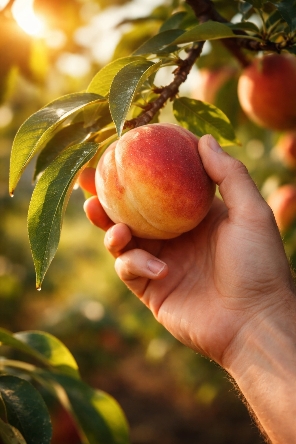 Hand picking a ripe fruit from a sunlit tree during golden hour