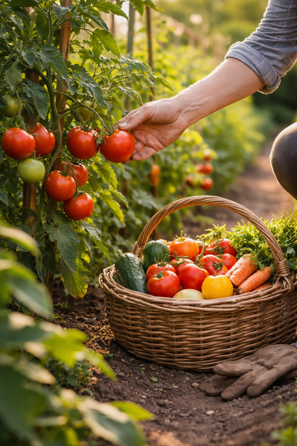 Gardener harvesting ripe tomatoes into a basket for storage