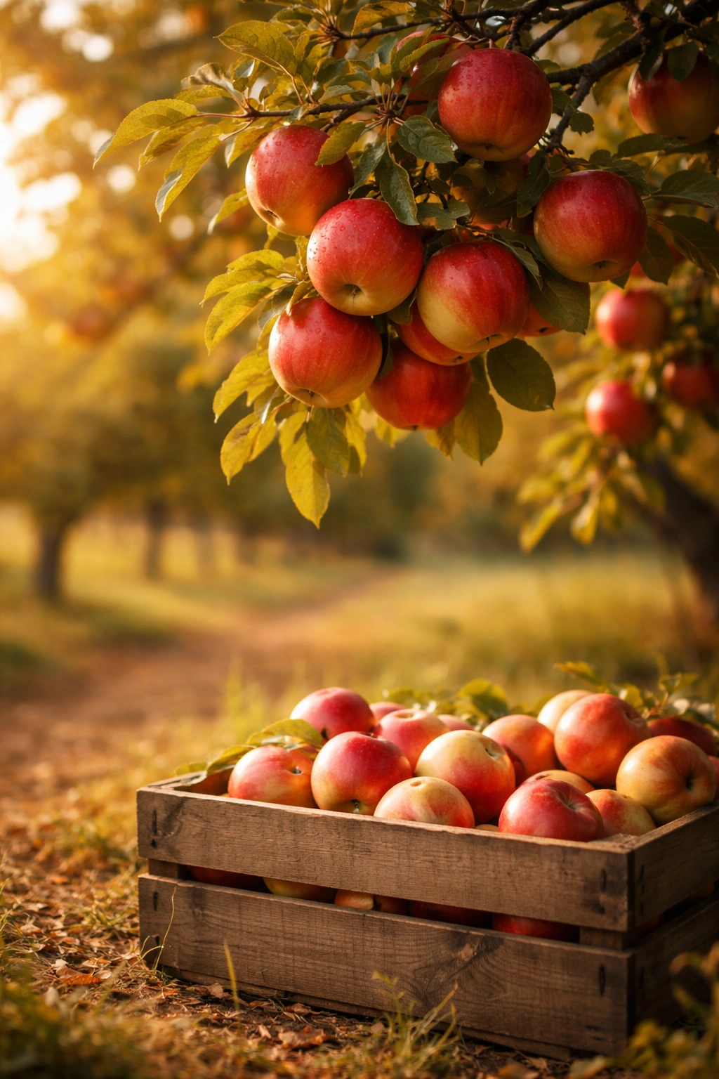 Ripe apples on tree with a wooden crate nearby for harvest and storage