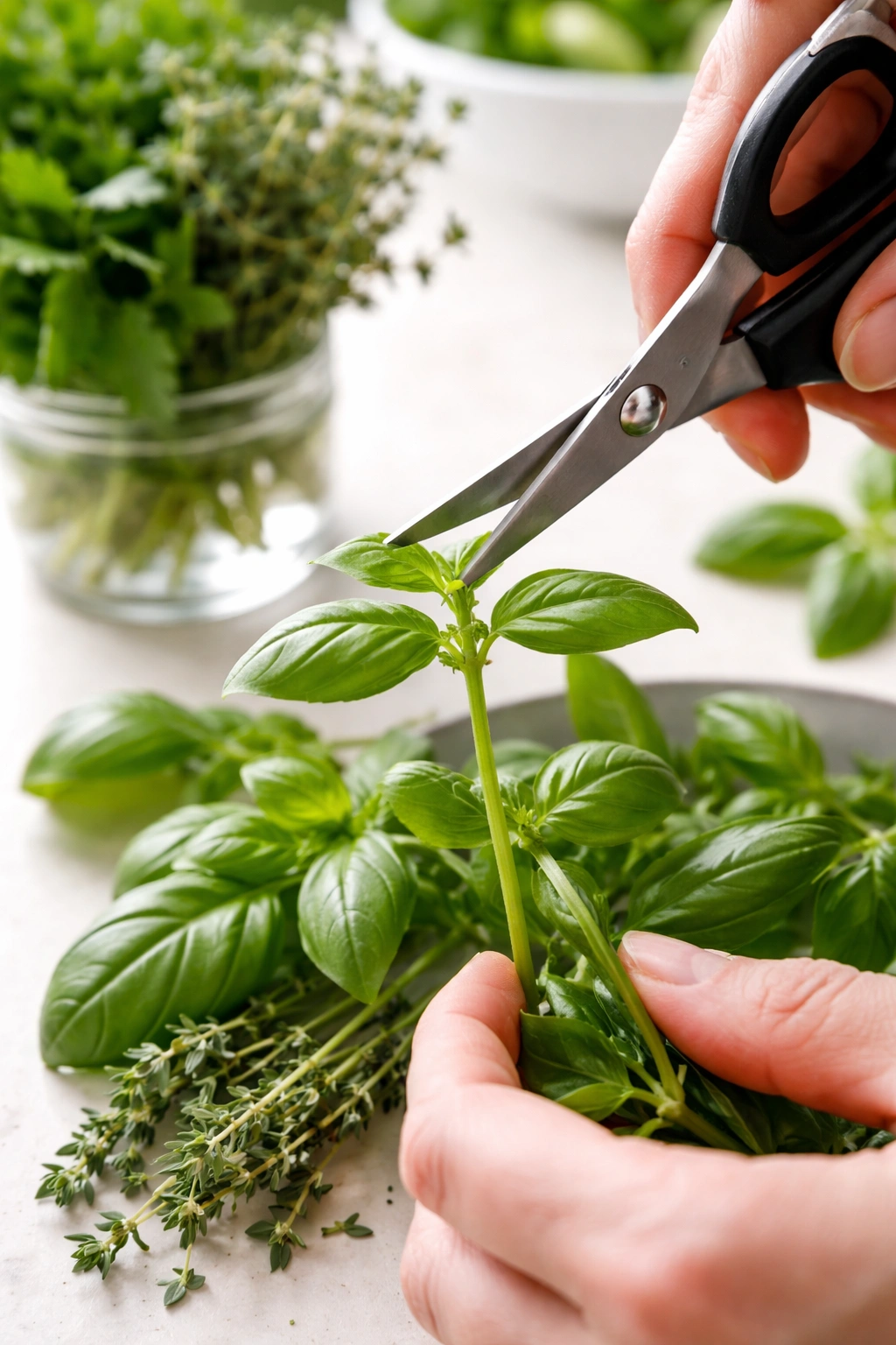 Harvesting herb stems with clean scissors for longevity