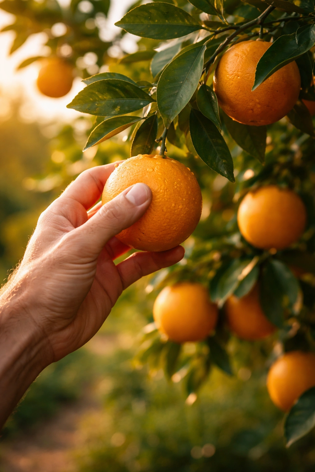 Hand reaching to pluck ripe citrus from a tree during golden hour