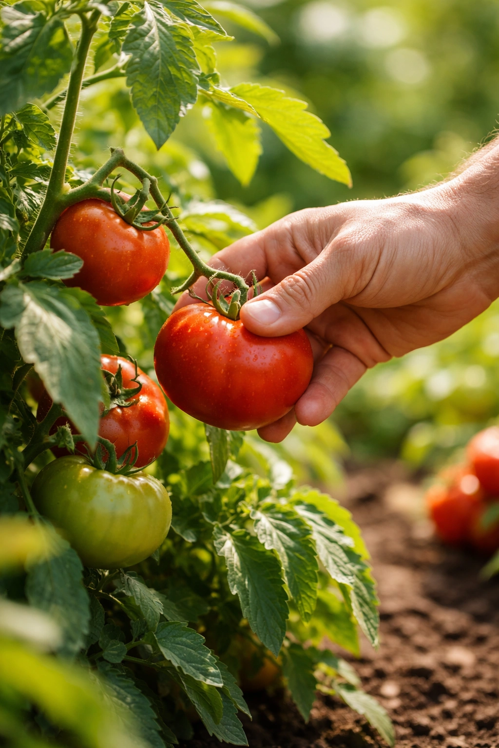 Hand harvesting a ripe tomato from a lush garden vine