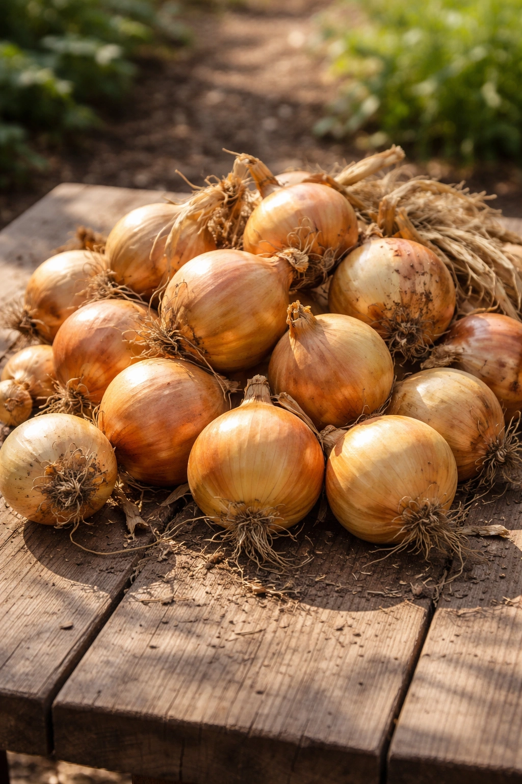 Harvested onions resting on wood surface