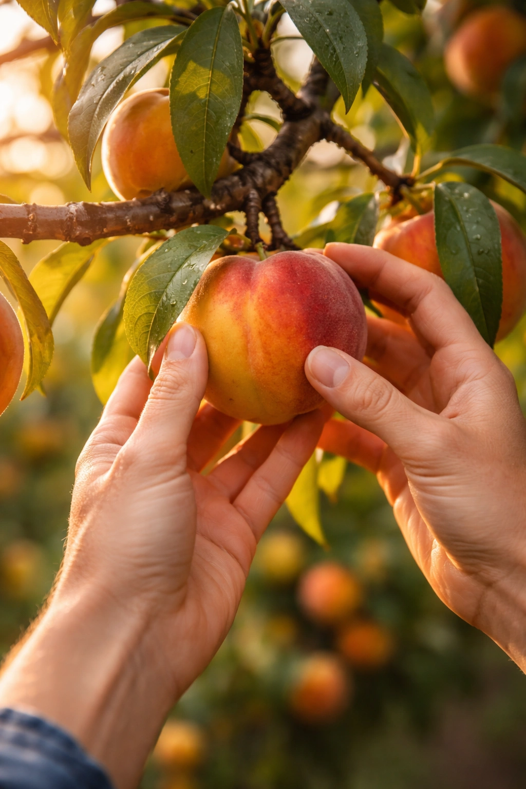 Hands harvesting a ripe fruit from a tree in warm outdoor light