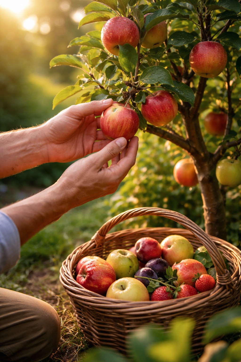 Hands harvesting ripe fruit from a small tree in a home garden during morning light