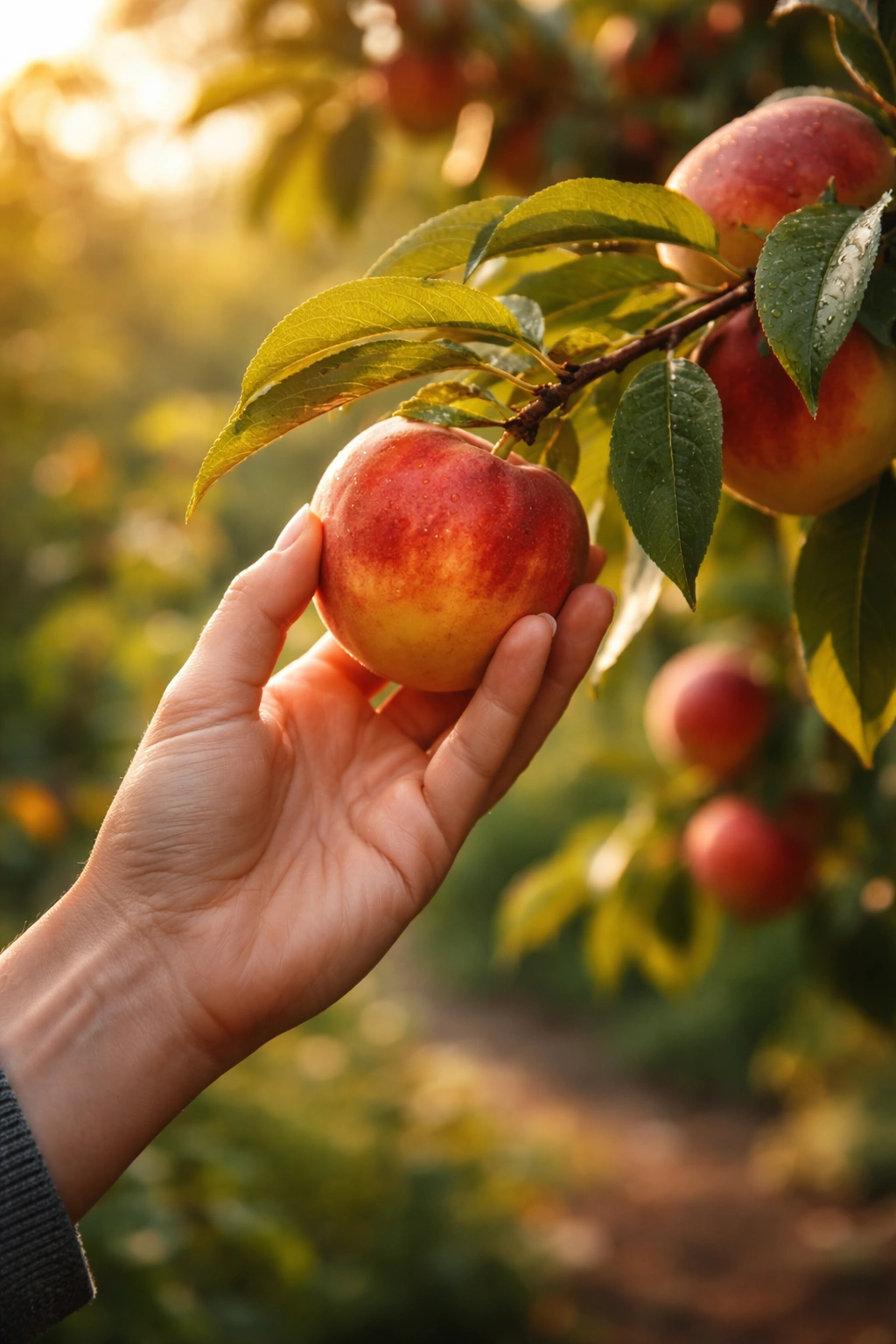 Hand picking ripe fruit from a sunlit tree in a garden