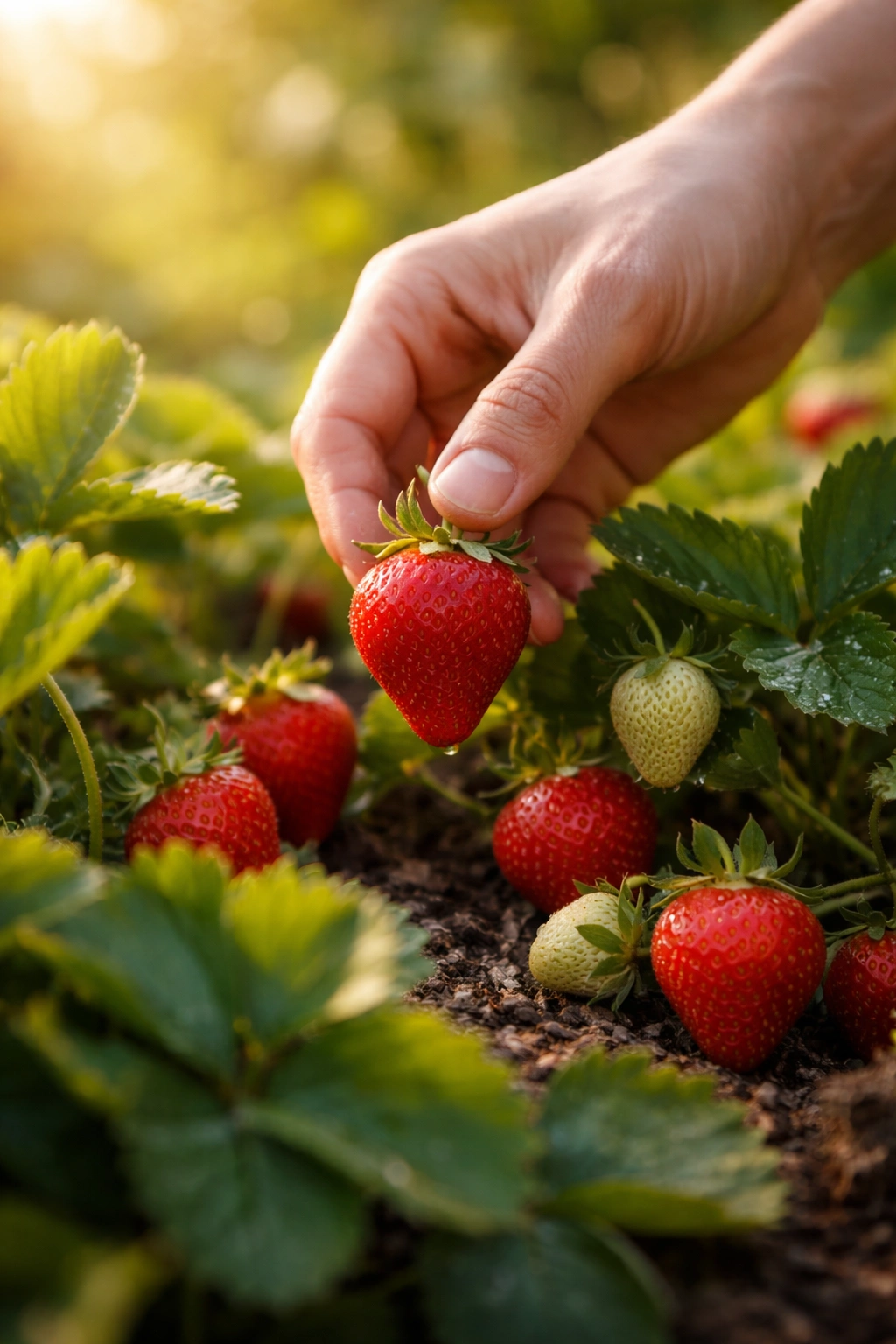 Hand harvesting a ripe strawberry from a home garden
