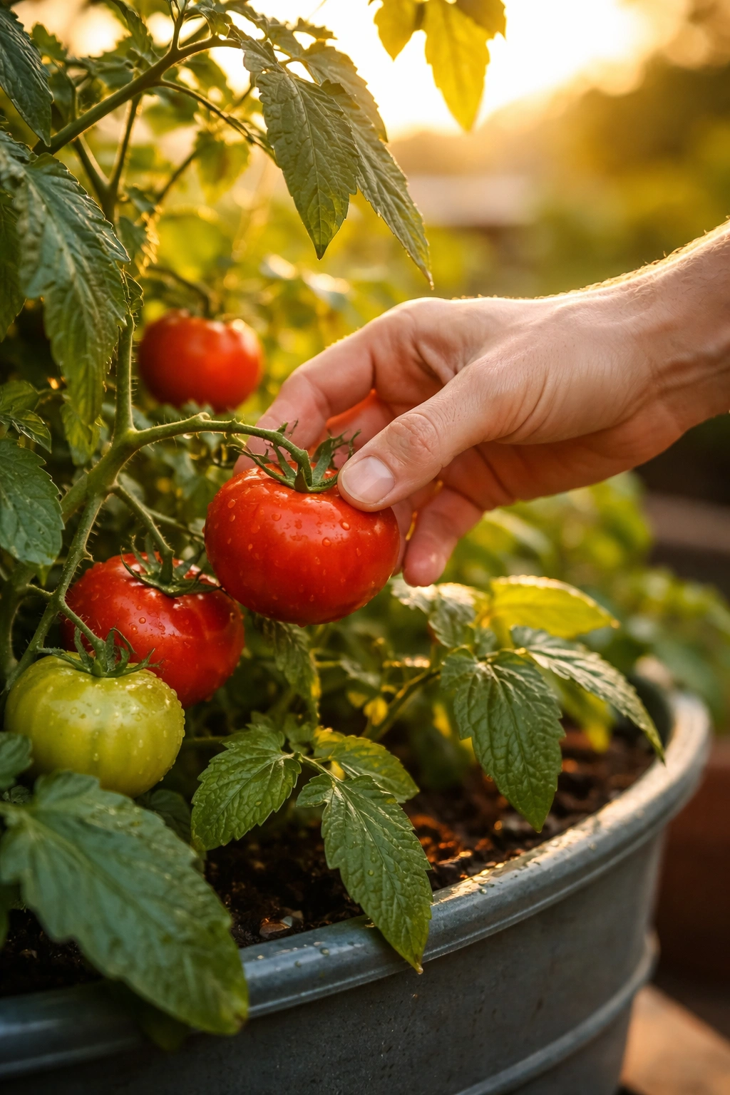 Hand harvesting a ripe tomato from a container plant