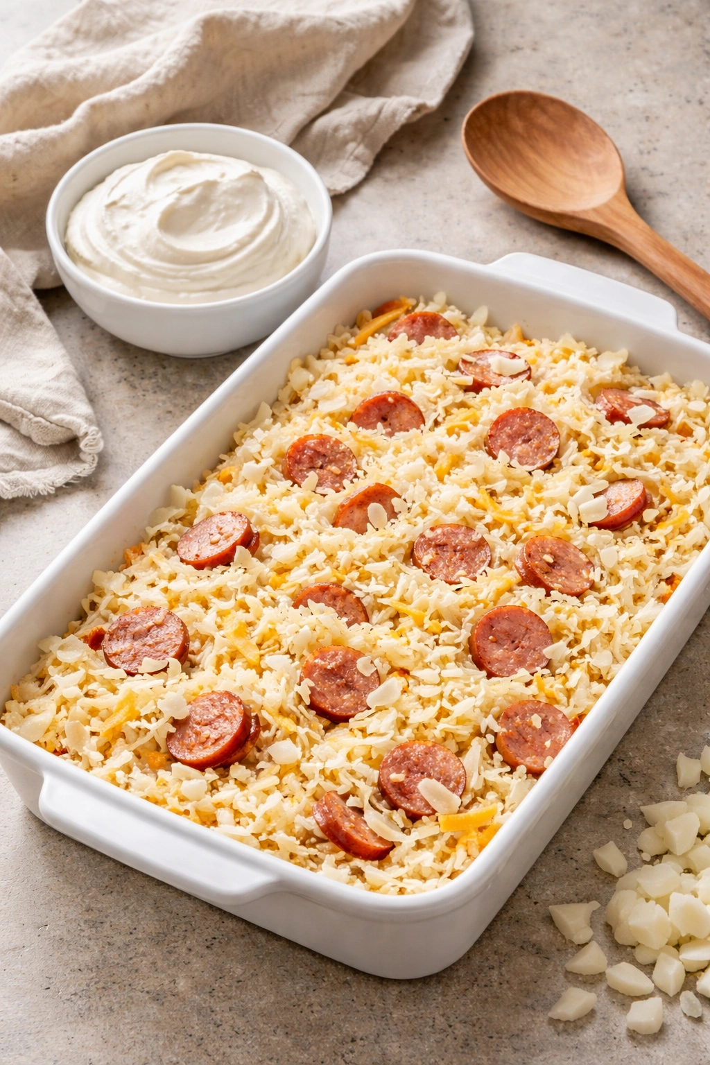 Loosely spread hash browns and a bowl of sour cream to visualize common mistakes in assembling the casserole