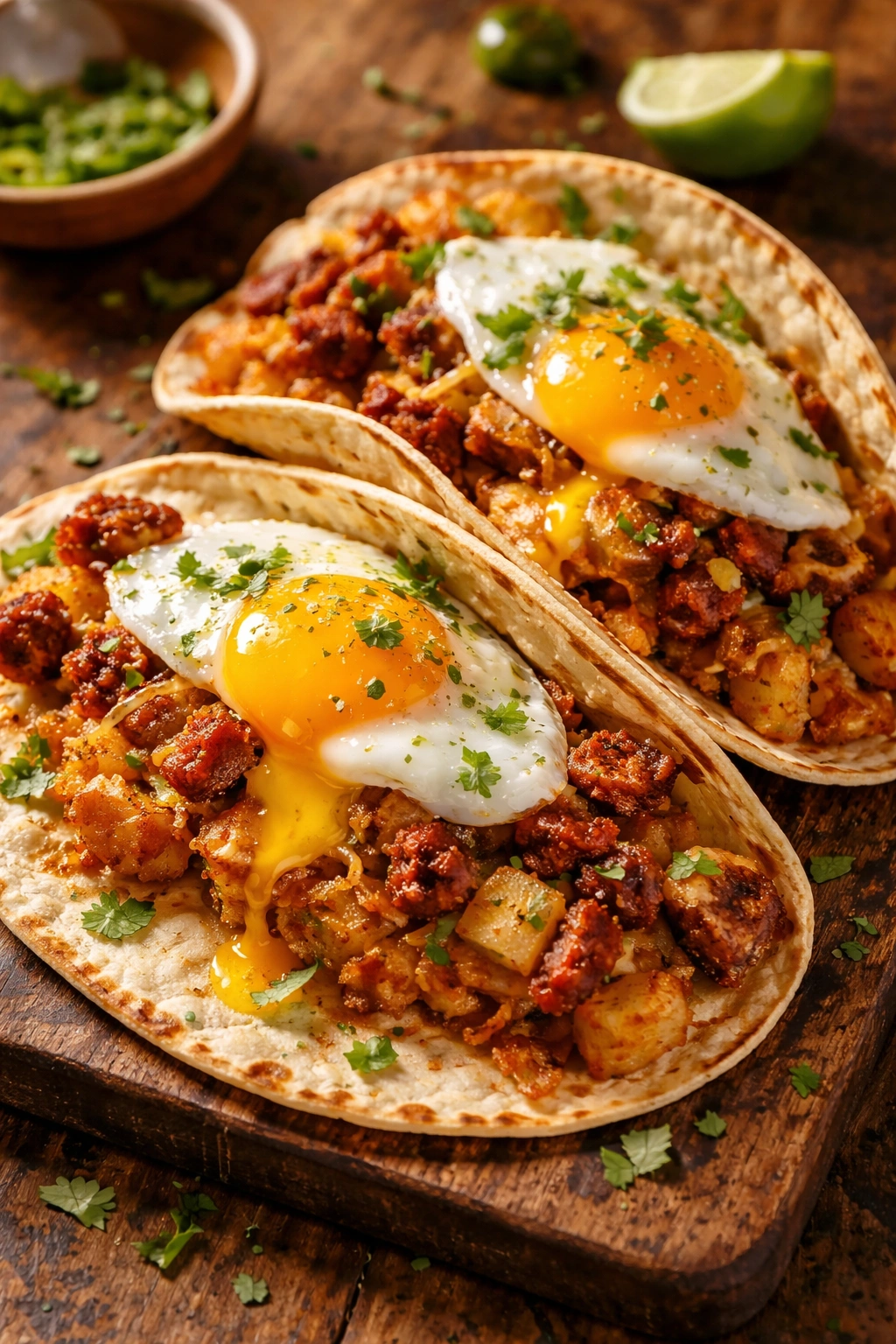 Close-up of crispy hash brown and chorizo breakfast tacos on a wooden surface