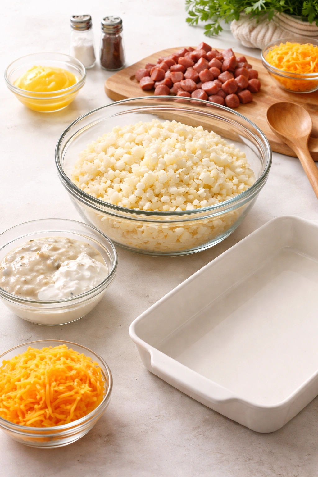 Top-down view of mixing bowls and ingredients for assembling the casserole.