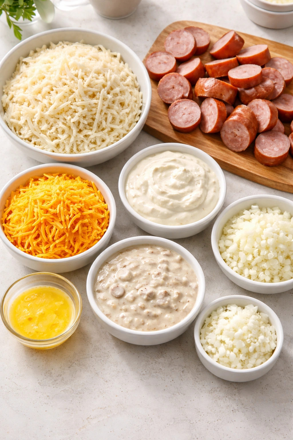 Overhead view of hash browns, smoked sausage, sour cream, cheese, onion laid out.