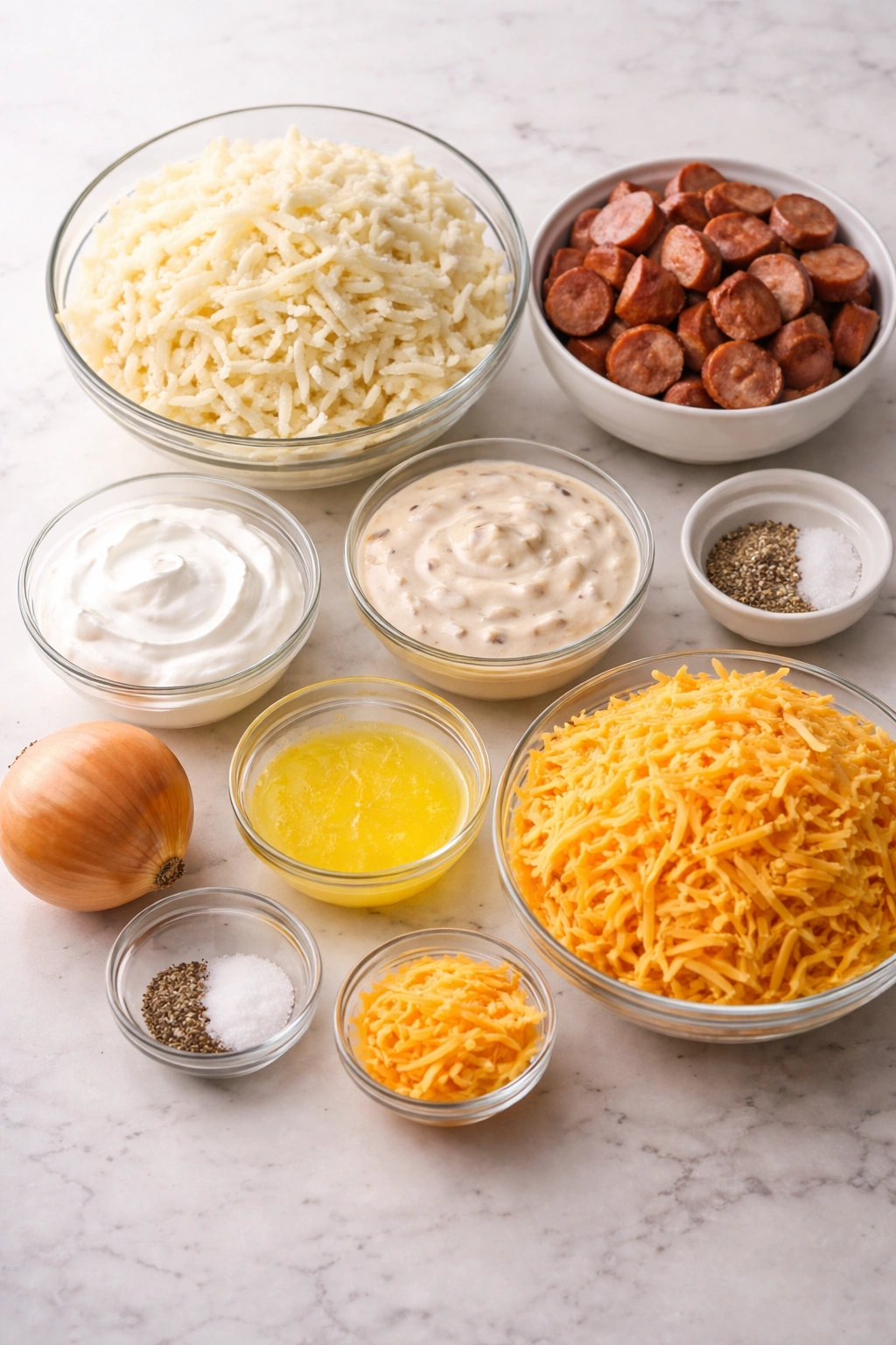 Overhead view of hash browns, sausage, sour cream, soup, cheese, onion, butter arranged for assembly.