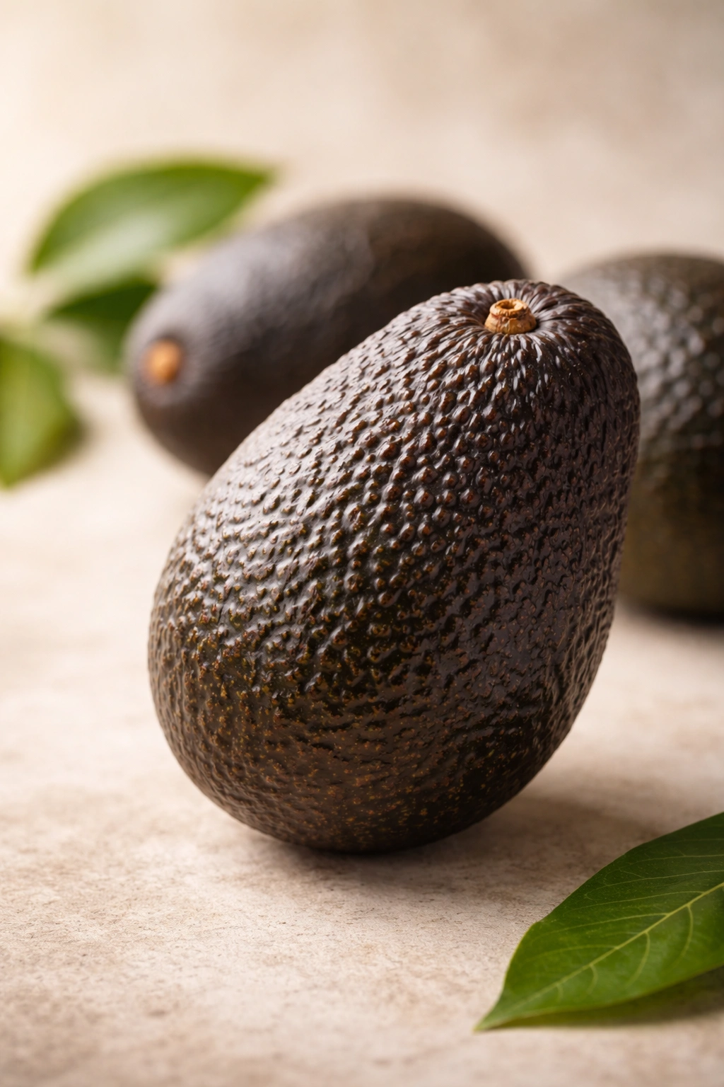 Close-up of Hass avocado displaying pebbly dark skin against neutral backdrop