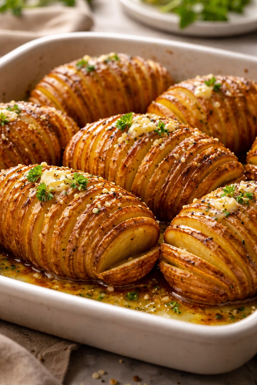 Hasselback potatoes showing shallow cuts and butter in the crevices.