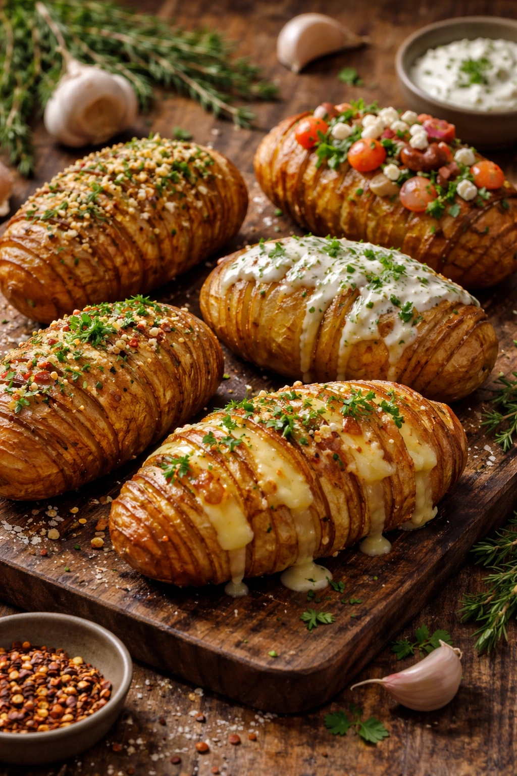 Hasselback potato showing melted cheese pockets between slices with herb butter