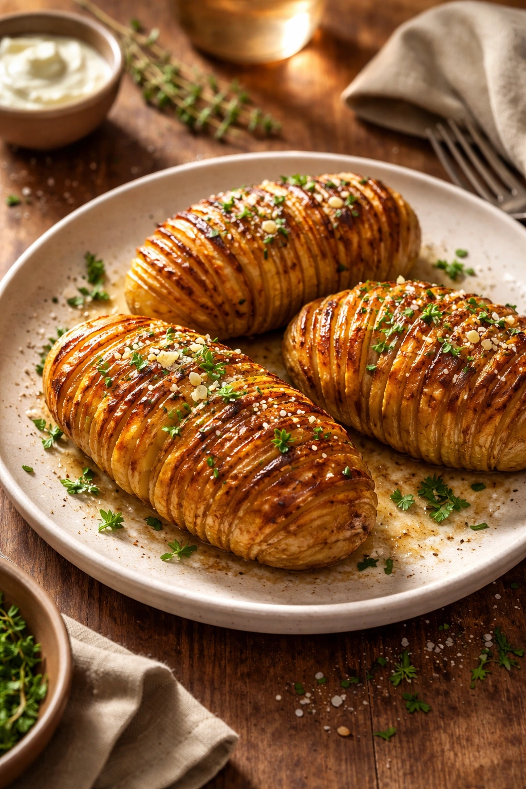 Plate of golden hasselback potatoes on a minimalist table