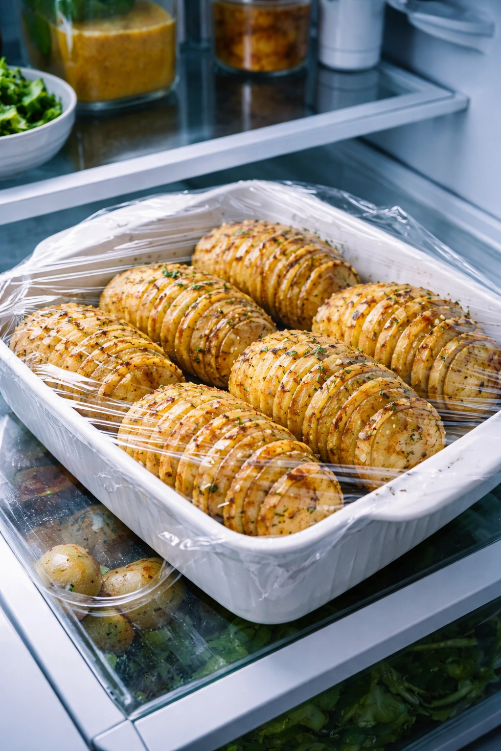 Hasselback potatoes in a dish covered for refrigeration, illustrating make-ahead storage