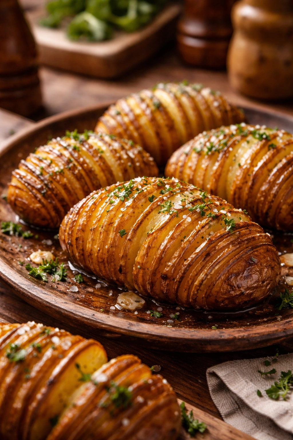 Close-up of Hasselback potatoes with fanned slices and butter on a rustic wooden platter.