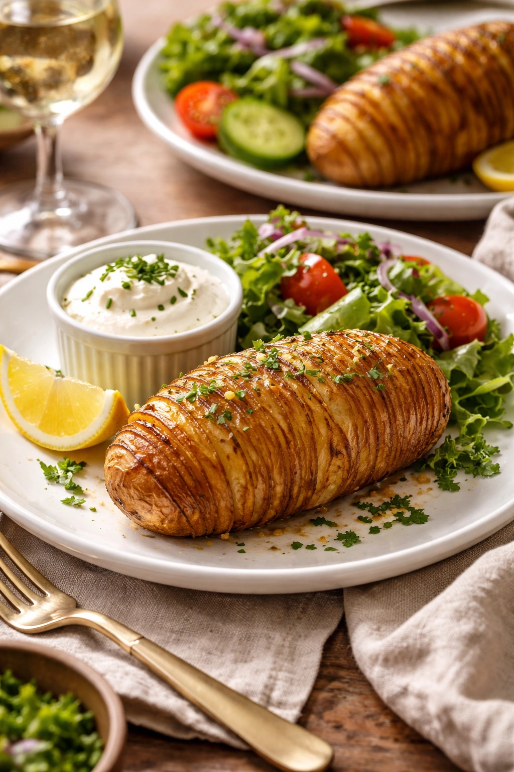 Plate of hasselback potatoes with crème fraîche and herb garnish