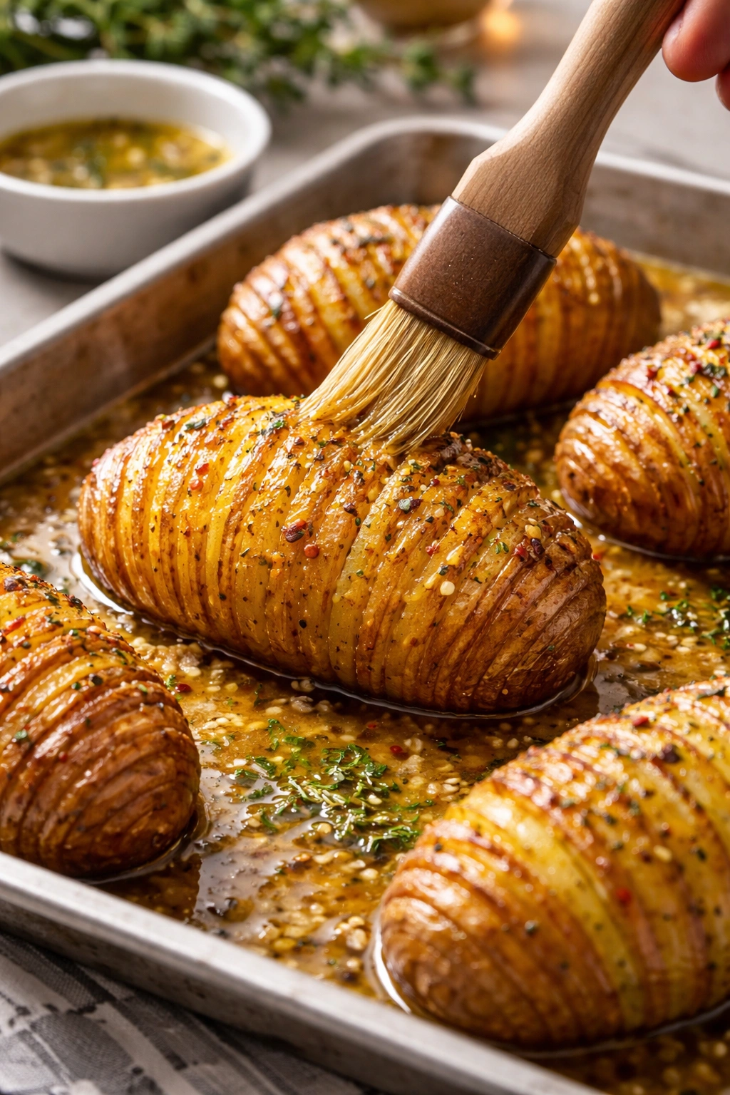 Close-up of a hasselback potato with uniform grooves and butter glaze on a sheet pan