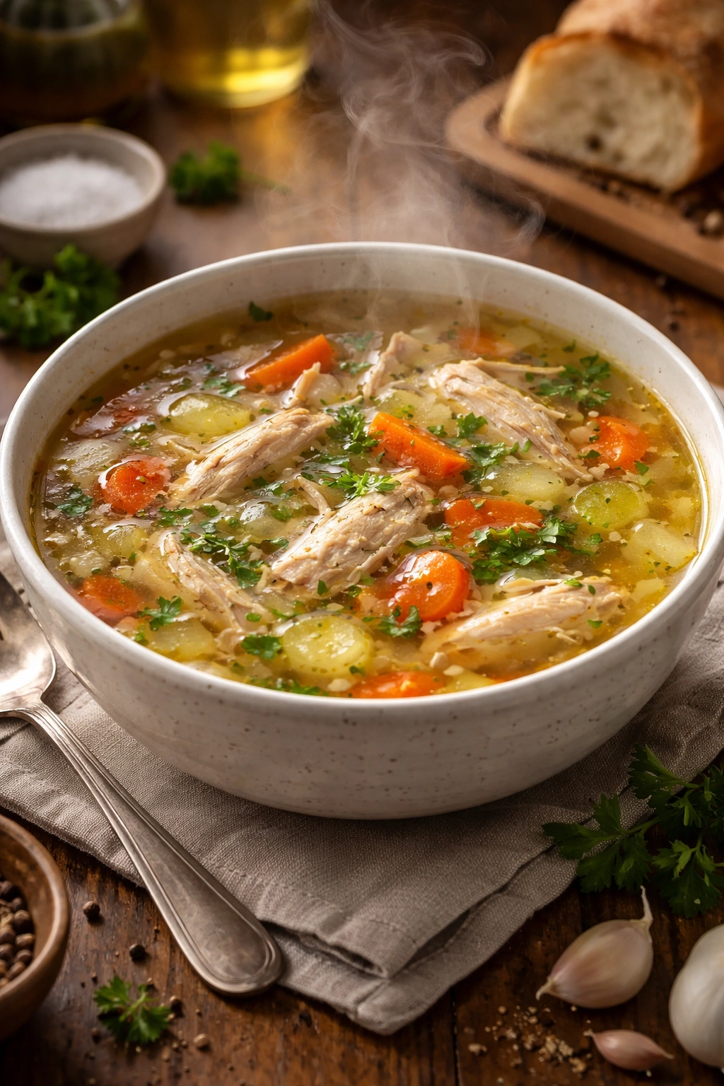 Close-up of steaming bowl of healing chicken soup with visible vegetables