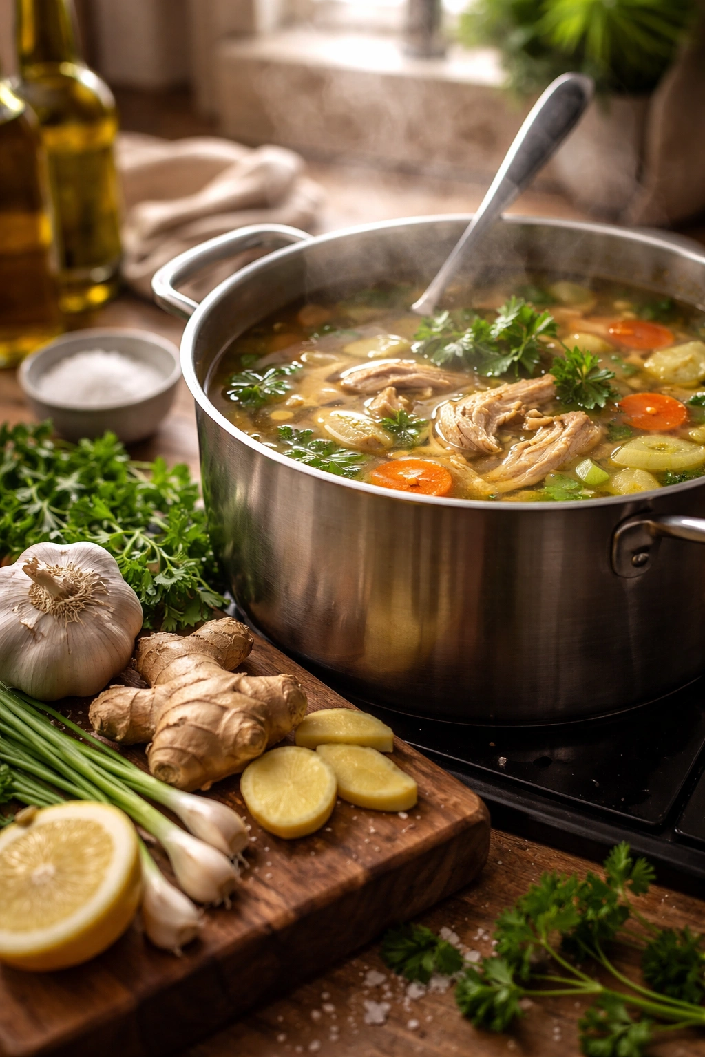 Close-up of simmering healing soup with garlic and ginger aromatics on a stove, steam rising