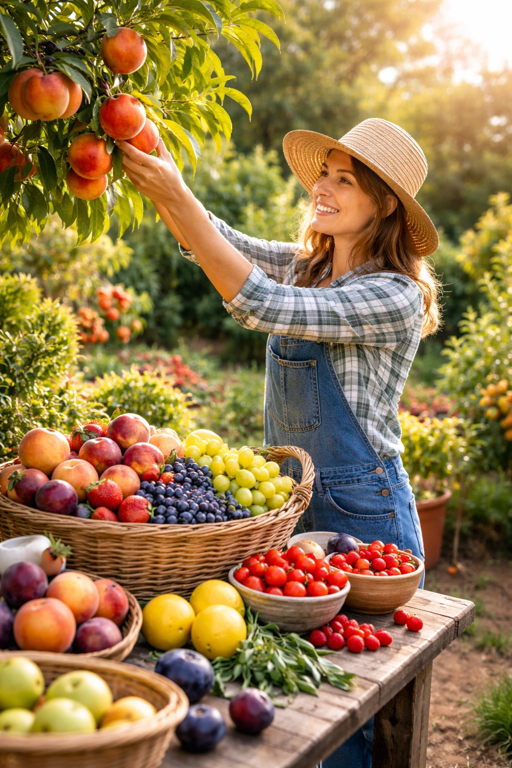 Gardener harvesting ripe fruit in a sunlit home garden illustrating health benefits