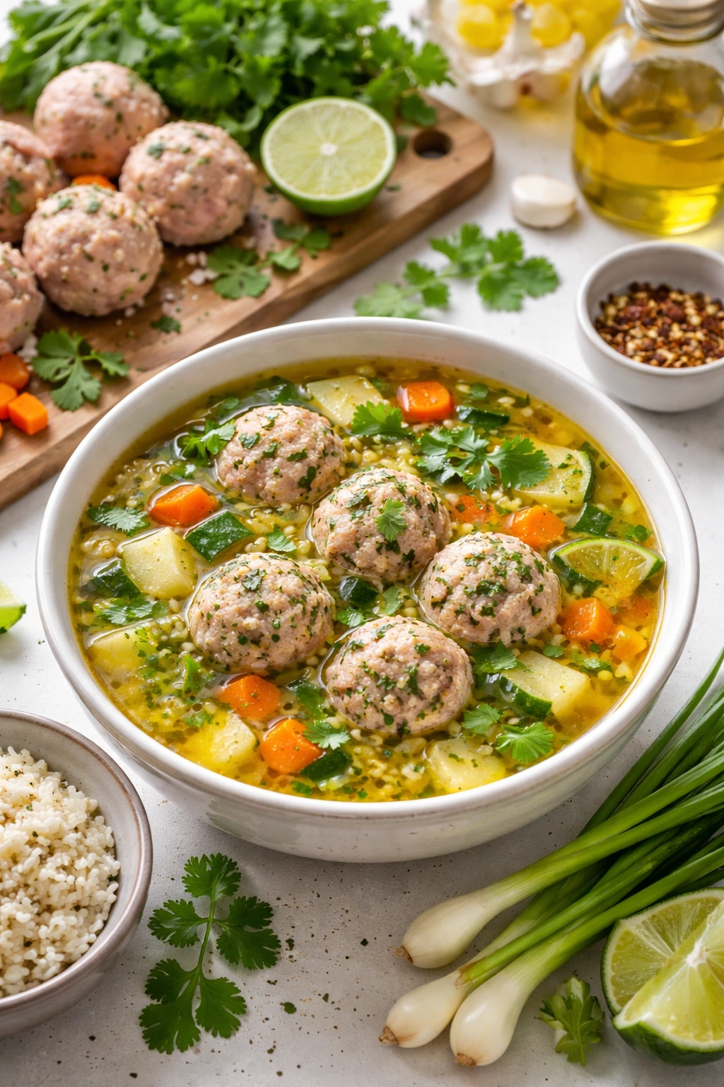 Lean turkey meatballs with herbs and vegetables suggesting health benefits.