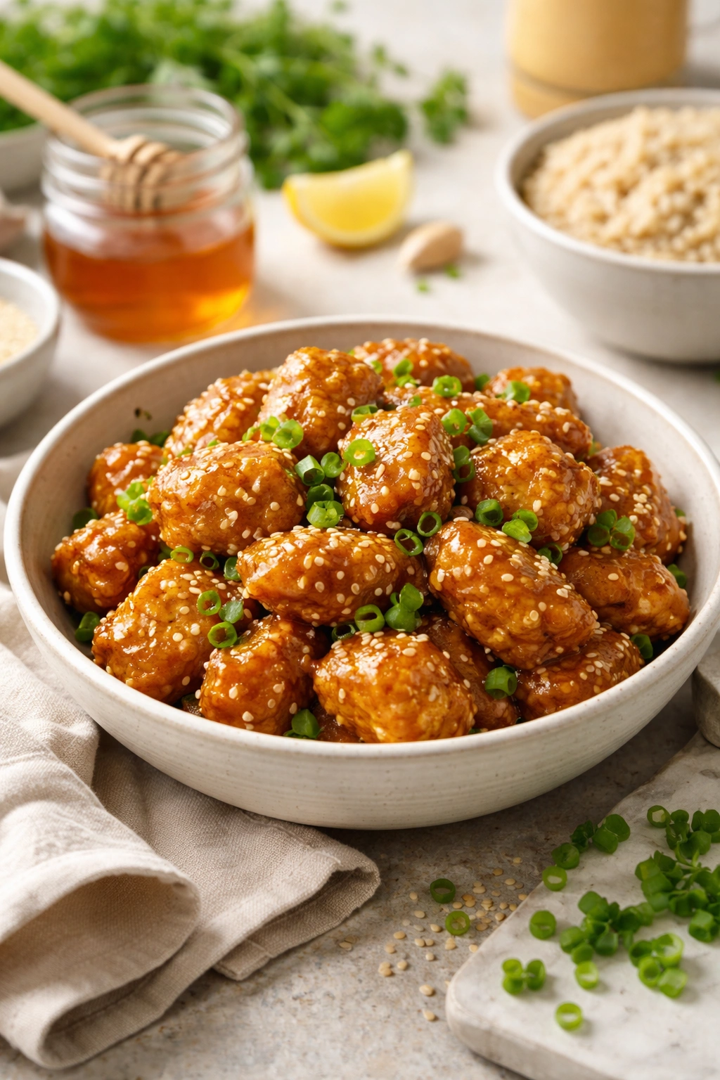 Bowl of homemade sesame chicken with glossy glaze on a neutral plate