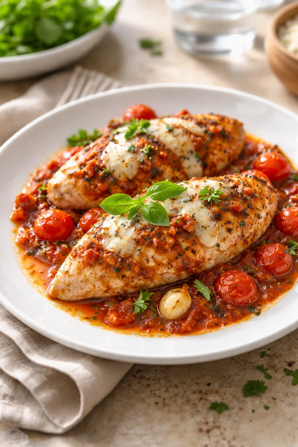 plated Chicken Breast Tomato Bake on a white plate