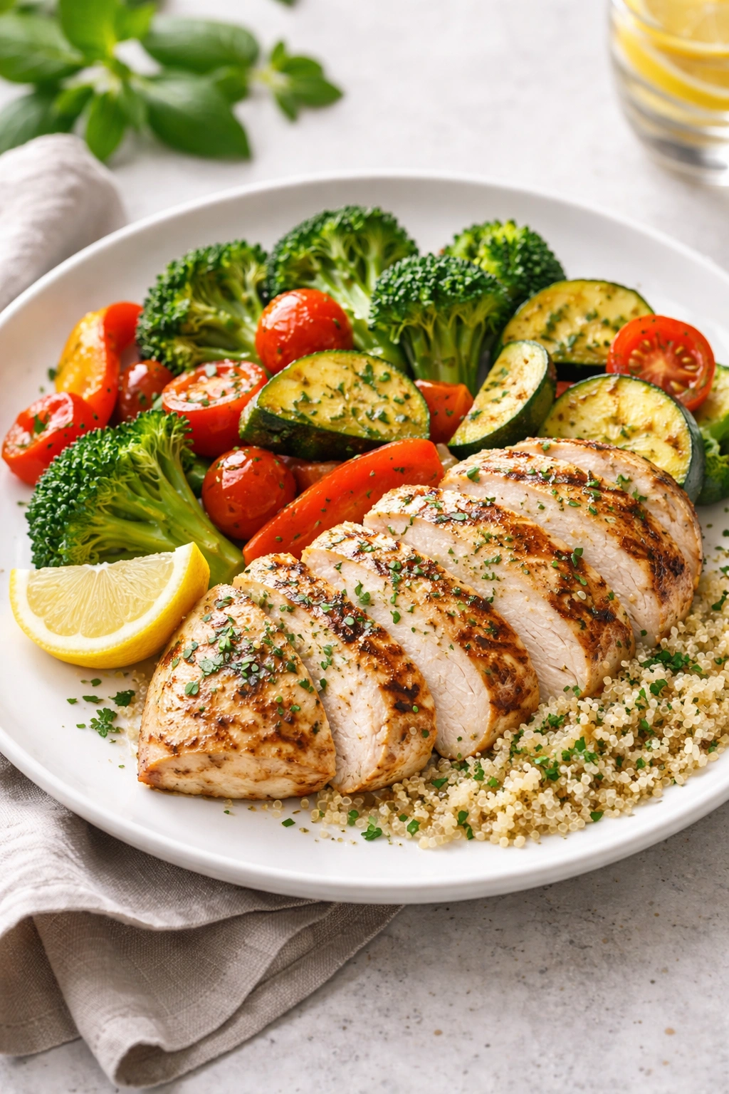 Balanced dinner plate with lean protein, vegetables, and grains