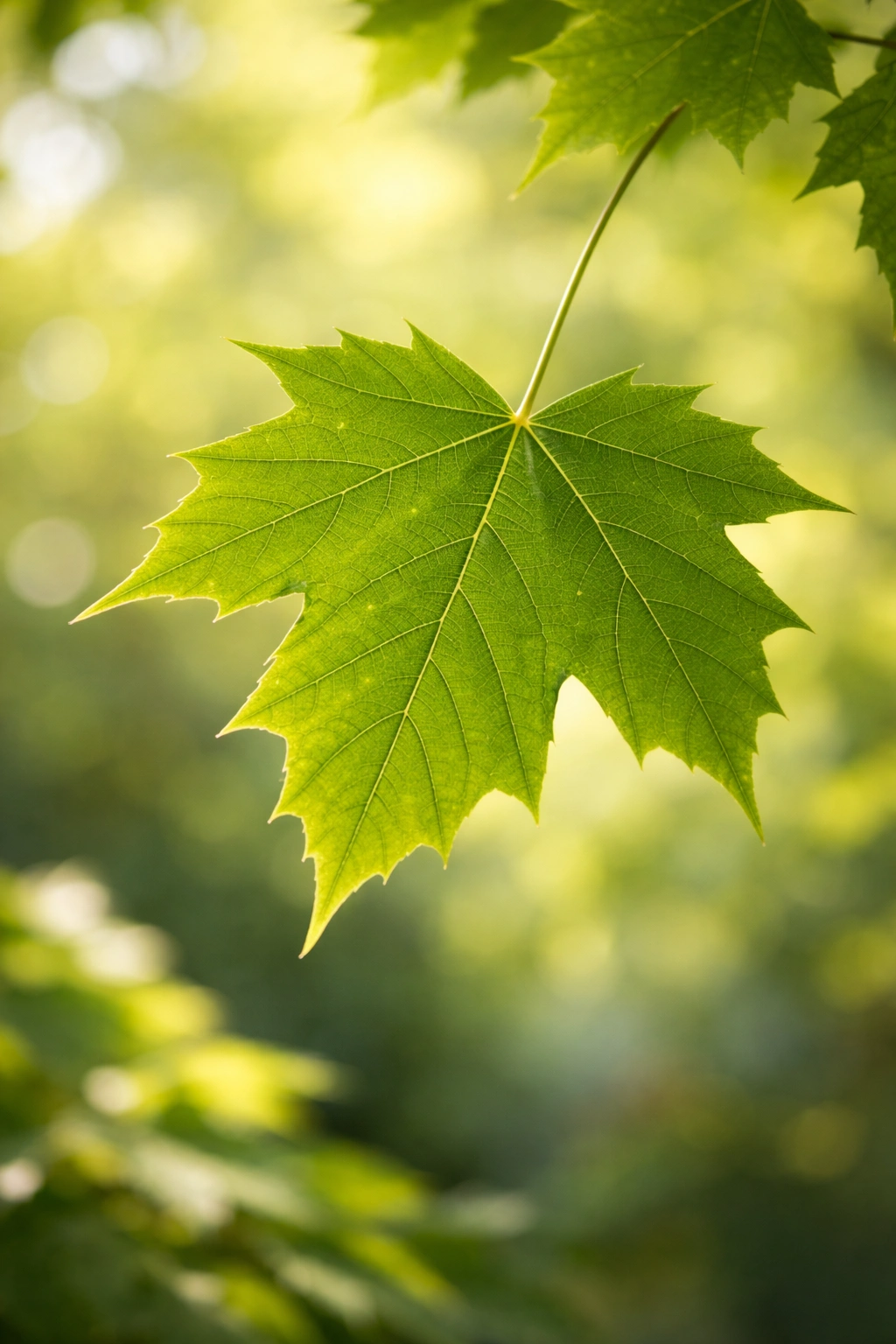 Healthy maple leaf with no browning in soft light