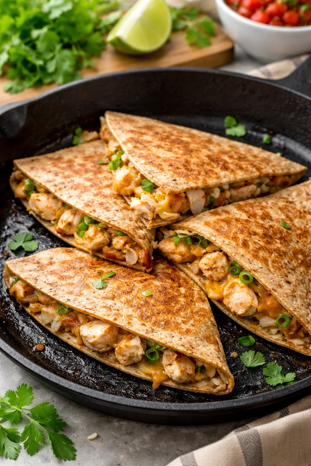 Whole wheat tortilla quesadilla with lean chicken and reduced cheese in a skillet