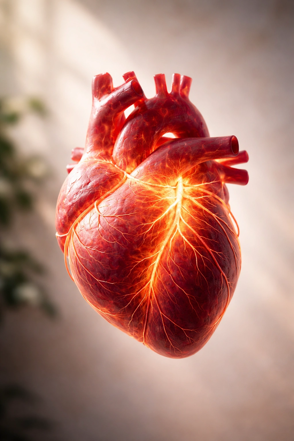 Photorealistic heart silhouette with glowing arteries to symbolize heart health